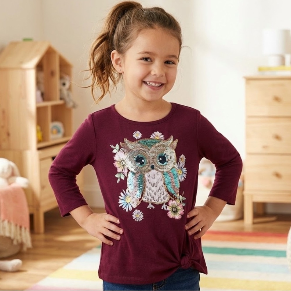 Beautees Maroon Owl Graphic 3/4 Sleeve Tee with flip sequin design